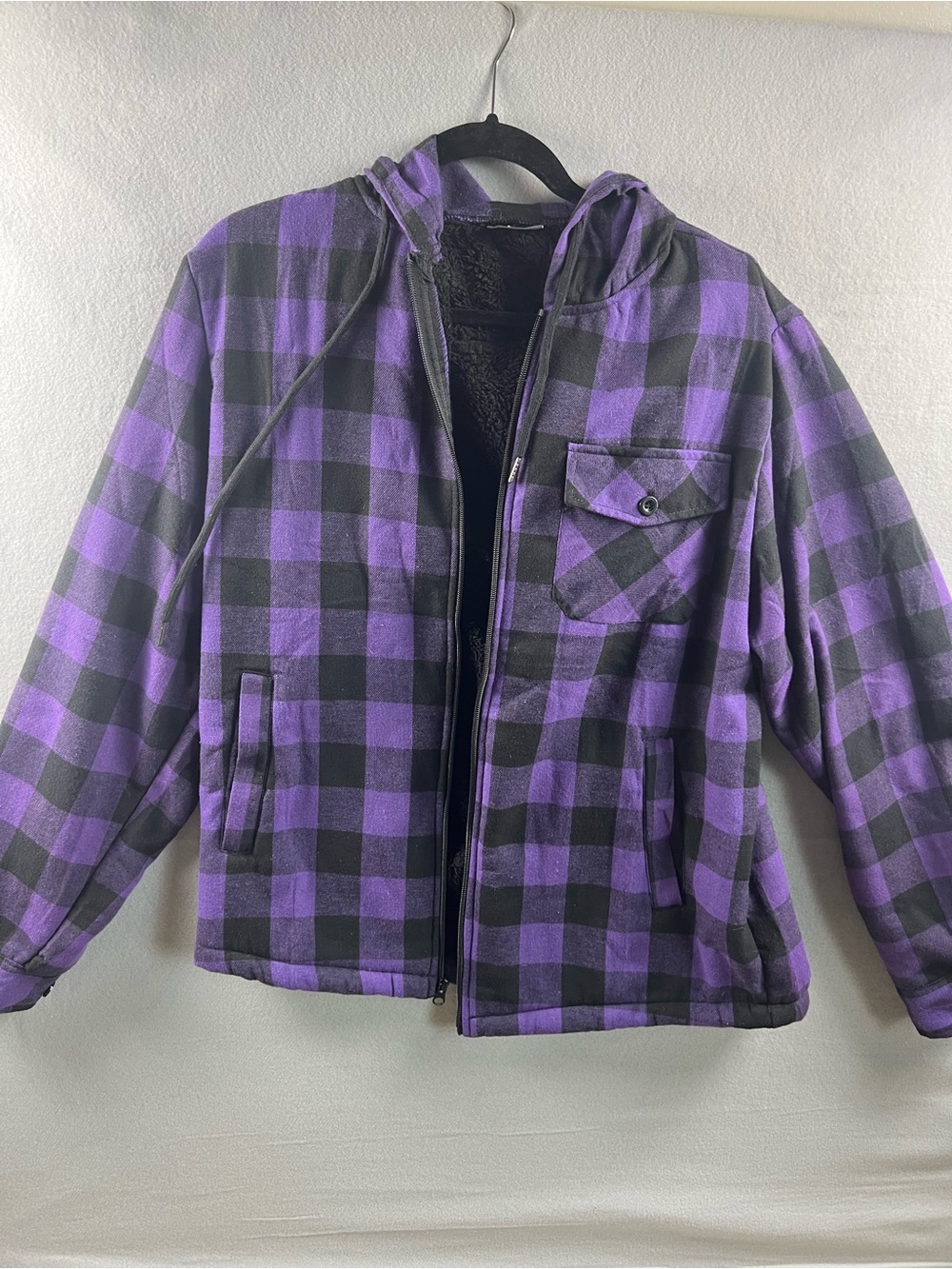 Men's Purple & Black Plaid Hooded Shirt Jacket